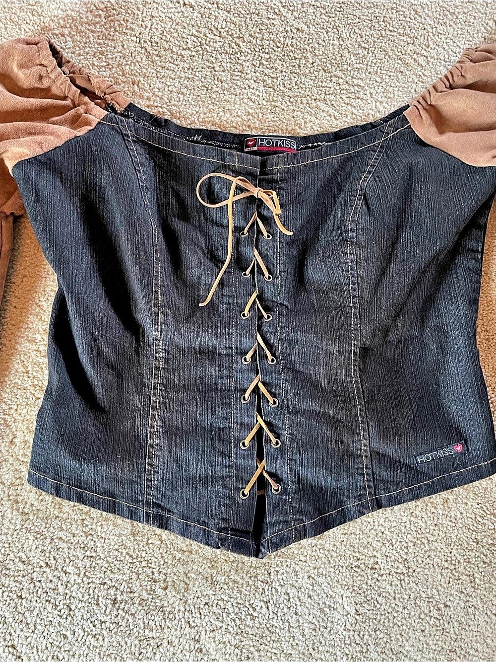 Y2K Hot Kiss Dark Denim Corset Lace Up Top Fairy Core Milk Maid Size L Suede